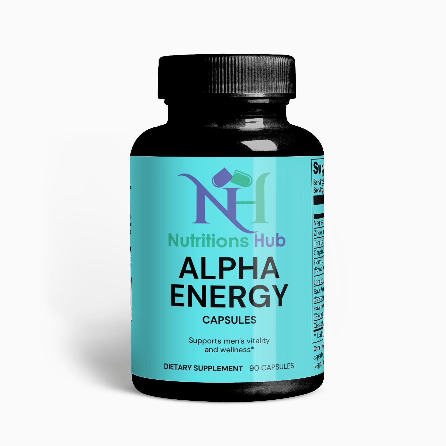 Alpha Energy supplement bottle, natural energy booster
