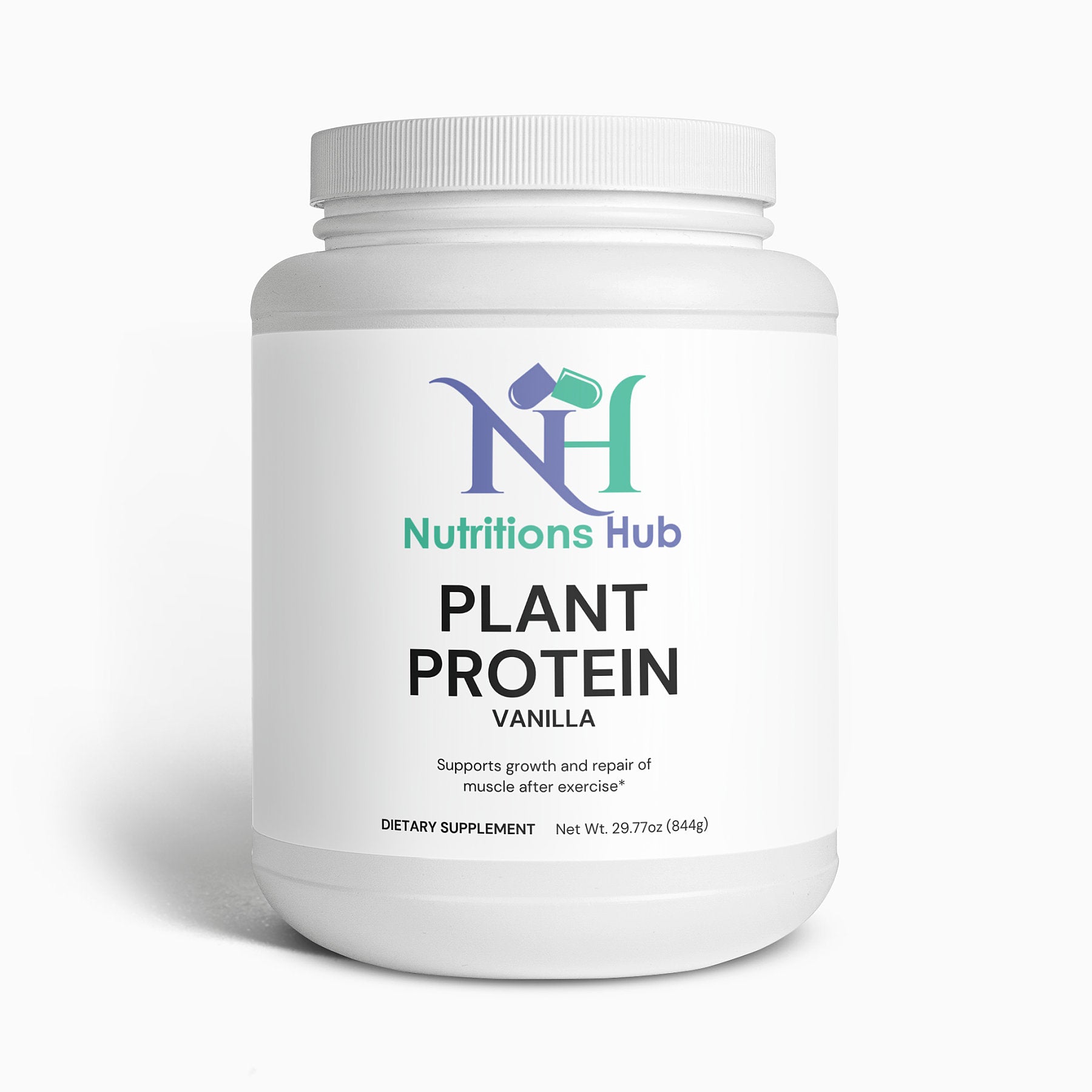 Organic vanilla plant-based protein powder scoop, high in protein, low in sugar