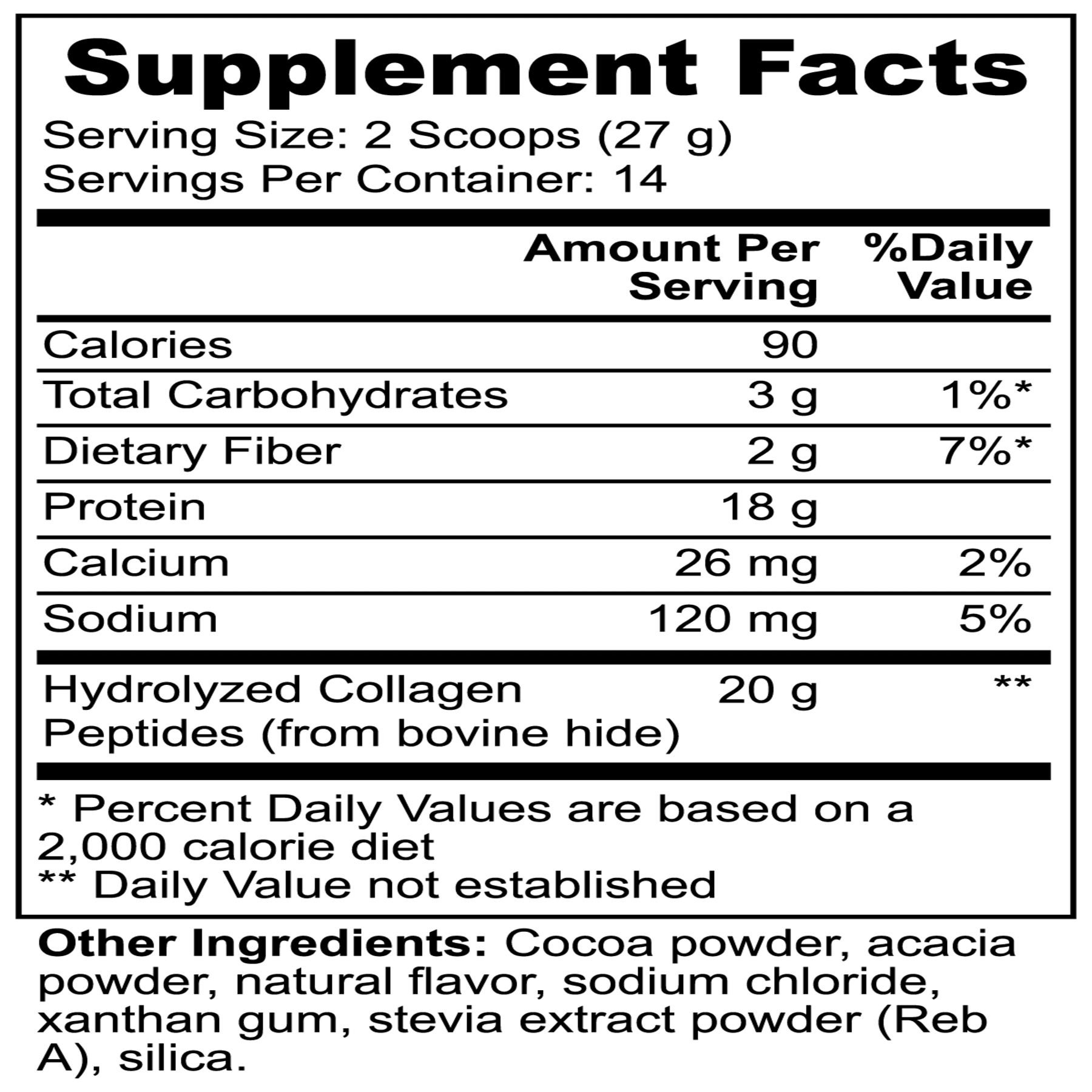 Ingredients list for organic grass-fed collagen peptides powder with chocolate flavor