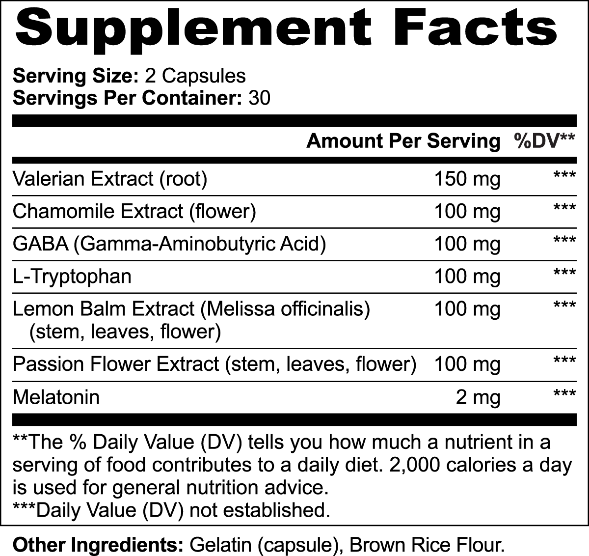 Natural ingredients in our sleep formula, including melatonin, valerian root, and chamomile