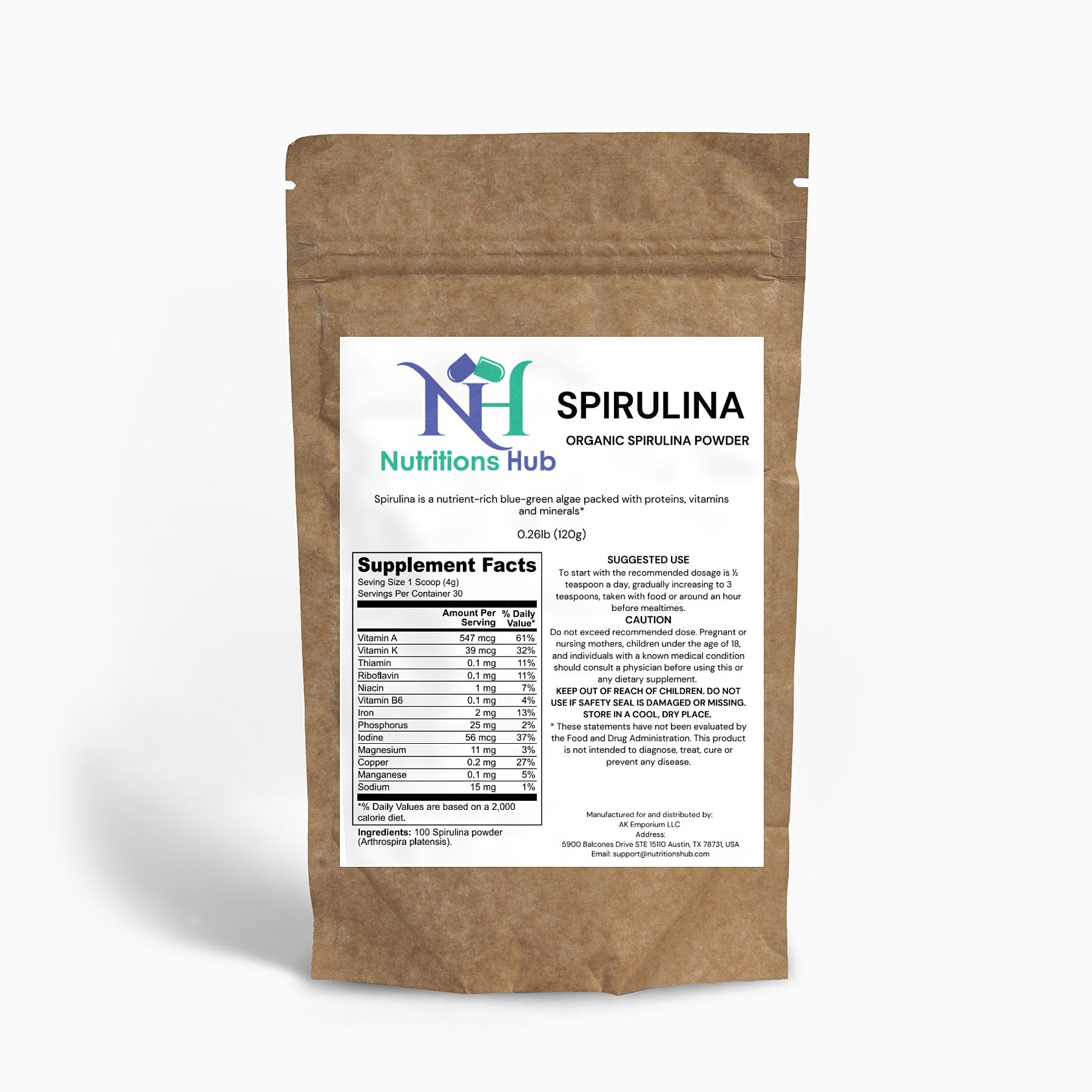 Organic spirulina powder, green superfood, rich in nutrients, healthy supplement
